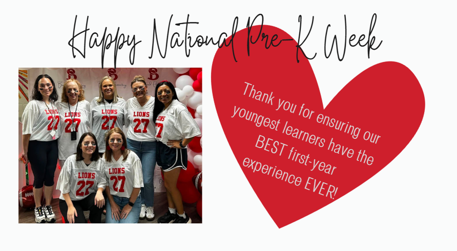 Flyer announcing it is National Pre-K Week this week! We are so thankful our youngest learners have the best pre-k staff around! Flyer is a picture of 7 women teachers wearing football jerseys posing for a picture