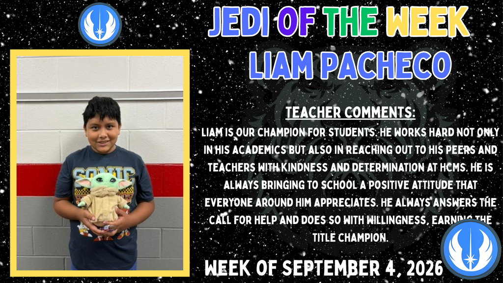 Recognition graphic titled "Jedi of the Week" featuring a student holding a Yoda-themed recognition item against a star-themed background. The graphic recognizes Liam Pacheco for demonstrating leadership, kindness, hard work, and a positive attitude while supporting classmates and teachers.