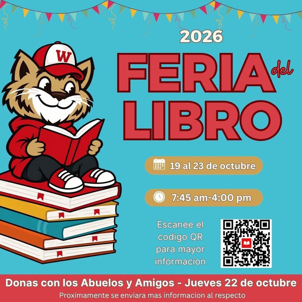 Title: 2026 FERIA del LIBRO Dates: 19 al 23 de octubre Hours: 7:45 am – 4:00 pm Special Event: Donas con los Abuelos y Amigos on Jueves 22 de octubre (Próximamente se enviará más información al respecto). Action: Escanee el código QR para mayor información.