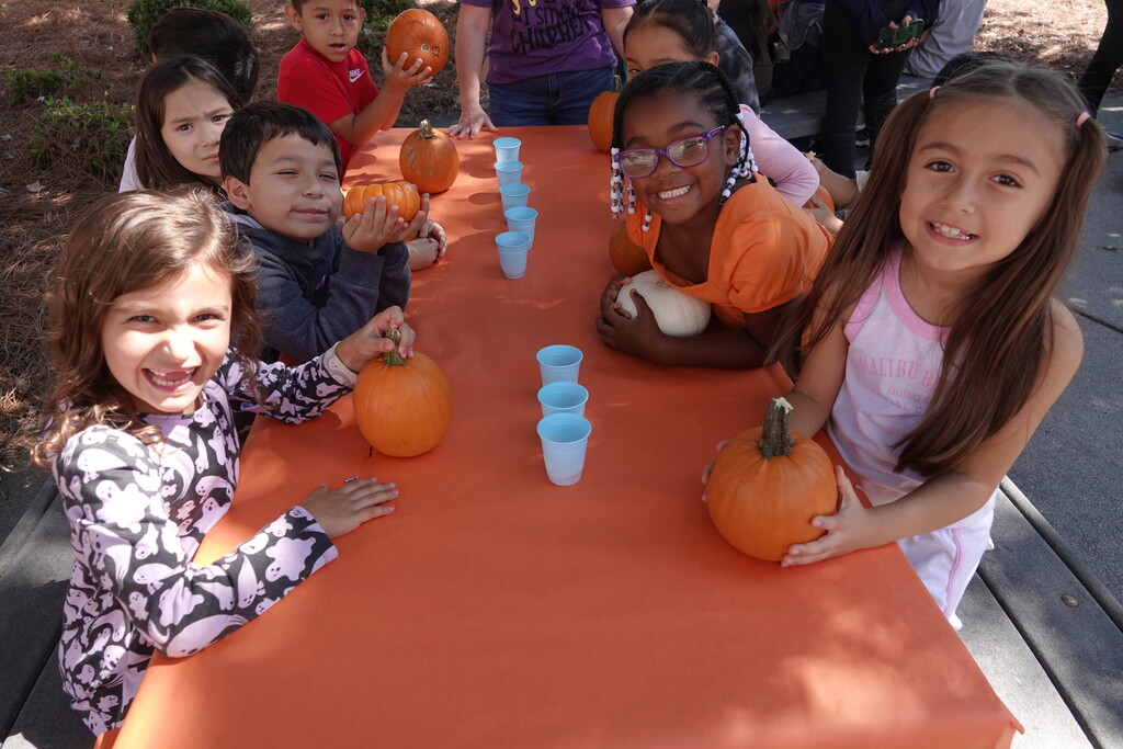 A group of elementary school children gather around an outdoor picnic table covered in an orange tablecloth. They smile and pose for the camera while holding small orange and white pumpkins, with plastic cups set out along the middle of the table.