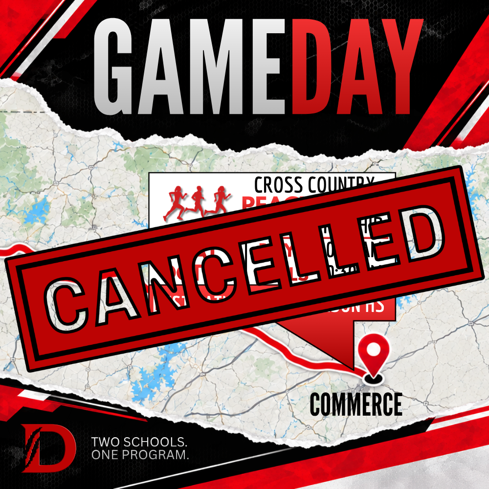 Dalton Middle Athletics game day graphic announcing the cancellation of the Peach State Middle School Cross Country Championship. A large red “CANCELED” stamp stretches diagonally across the image. The background features a road map with a red route leading to Commerce, Georgia, and a location marker near East Jackson High School. The graphic uses Dalton’s red, black, and silver colors, with the Dalton D logo and “Two Schools. One Program.” tagline at the bottom.