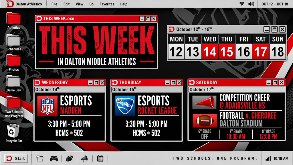 Dalton Middle Athletics weekly schedule graphic for October 12–18, designed to look like a retro computer desktop with red, black, and silver windows, folders, and a calendar. Wednesday, October 14: Madden Esports, 3:30–5:00 PM at HCMS, Room 502. Thursday, October 15: Rocket League Esports, 3:30–5:00 PM at HCMS, Room 502. Saturday, October 17: Competition Cheer at Adairsville High School and football vs. Cherokee at Dalton Stadium. Sixth grade football is off; seventh grade plays at 10:00 AM and eighth grade at 12:00 PM. The graphic features Dalton's D logo and the tagline "Two Schools. One Program."