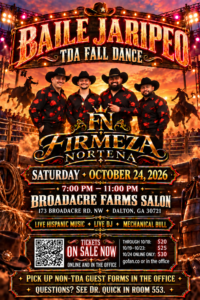 Event flyer for "Baile Jaripeo: TDA Fall Dance" on Saturday, October 24th from 7:00–10:30 PM at Broadacre Farm Salon (173 Broadacre Road NW, Dalton, GA 30721). Features live music, a mechanical bull, and tiered ticket pricing on gofan.co or in the office.