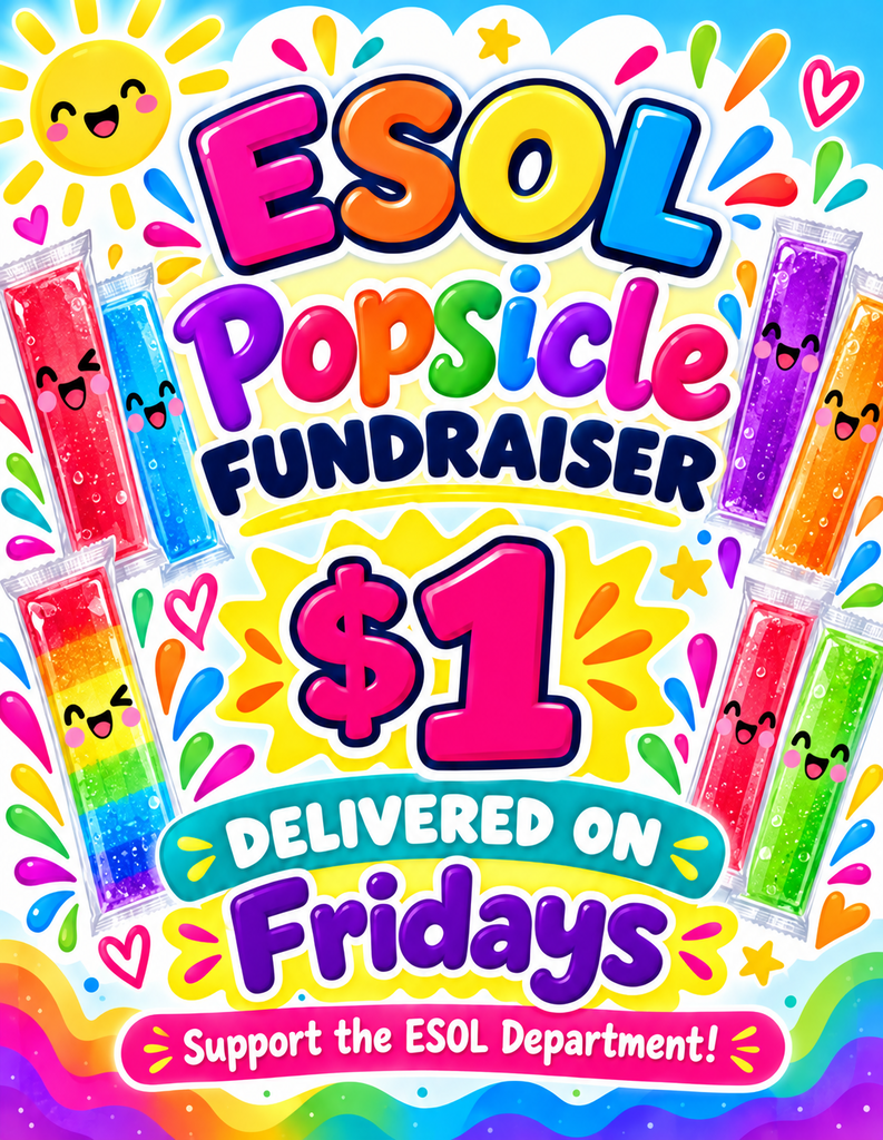 Title & Pricing: "ESOL Popsicle FUNDRAISER" displayed in bold, bright, multi-colored lettering above a prominent "$1" price tag graphic. Delivery & Cause:Delivery Schedule: "DELIVERED ON Fridays". Call to Action / Purpose: "Support the ESOL Department!" Visual Style & Graphics:A vibrant, cheerful background featuring a smiling yellow sun, hearts, starbursts, and a rainbow at the bottom. Framed by cartoon ice pops (ice popsicles in plastic sleeves) with cute smiling faces in various colors, including red, blue, rainbow, purple, orange, pink, and green.