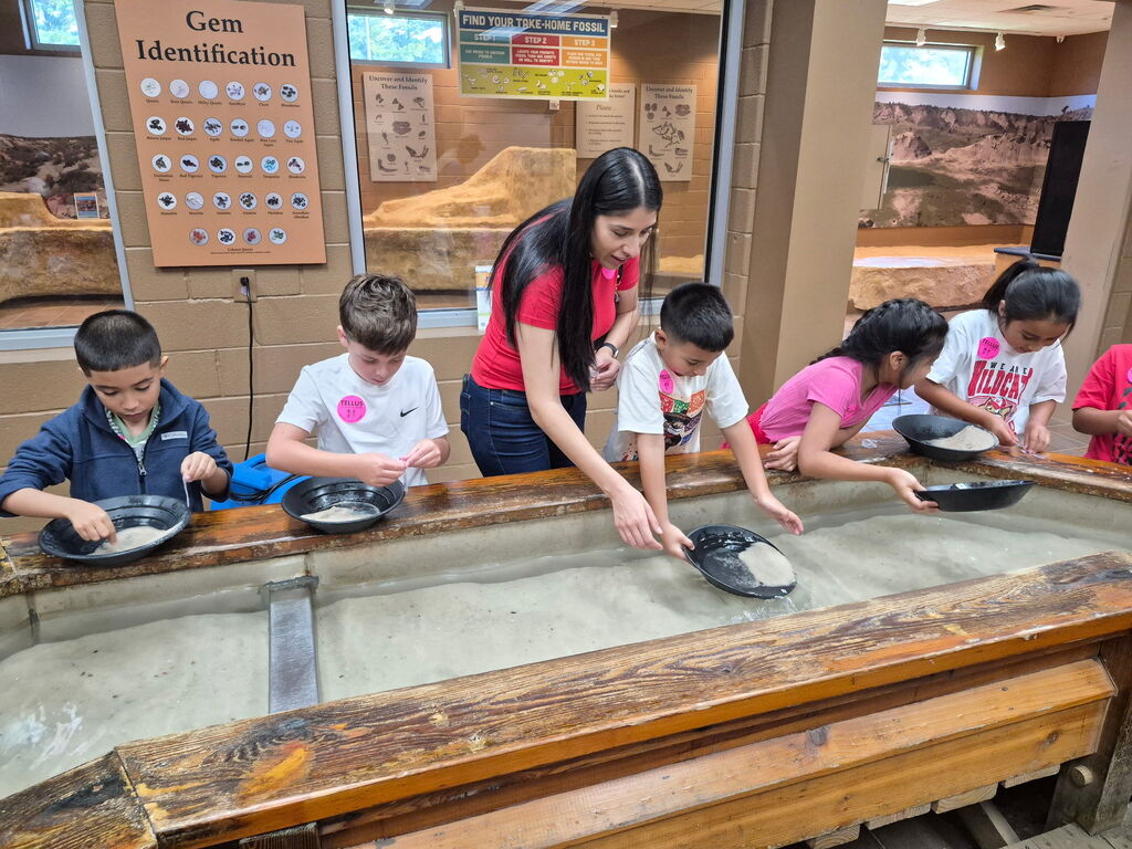 Five elementary students stand alongside a wooden water trough in an educational museum setting, leaning forward as they sift through sand and water using black panning pans. A female teacher in a red shirt guides one of the students in dipping their pan into the trough. Posters in the background feature guides titled "Gem Identification" and "Find Your Take-Home Fossil".