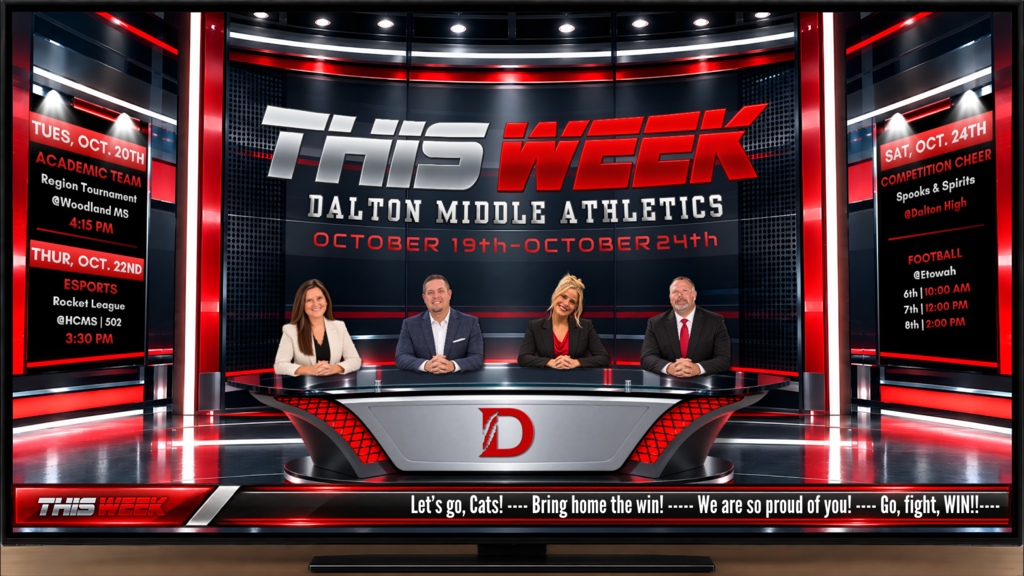 Dalton Middle Athletics “This Week” graphic for October 19–24, 2026, designed as a red, black, and silver sports news broadcast with four anchors seated behind a studio desk. The schedule includes Academic Team Region Tournament at Woodland Middle School on Tuesday at 4:15 PM; Rocket League esports at HCMS Room 502 on Thursday at 3:30 PM; and Competition Cheer at Dalton High School on Saturday for Spooks & Spirits. Saturday football games against Etowah are scheduled for 10:00 AM (6th grade), 12:00 PM (7th grade), and 2:00 PM (8th grade). A scrolling ticker across the bottom features messages cheering on the Cats.