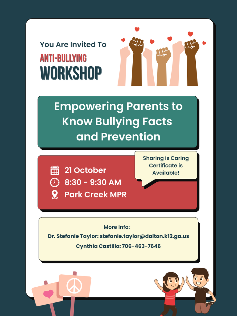 English flyer for an Anti-Bullying Workshop for parents on October 21st from 8:30 to 9:30 AM in the Park Creek MPR.