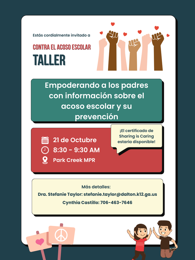 Spanish flyer for an Anti-Bullying Workshop for parents on October 21st from 8:30 to 9:30 AM in the Park Creek MPR.