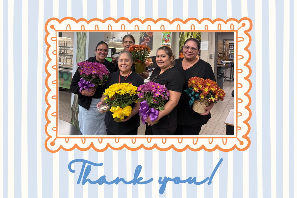 picture of our 5 ladies that work in the cafeteria holding flowers for school lunch appreciation week! The picture is set on blue lined paper surrounded by a gold scalloped frame.