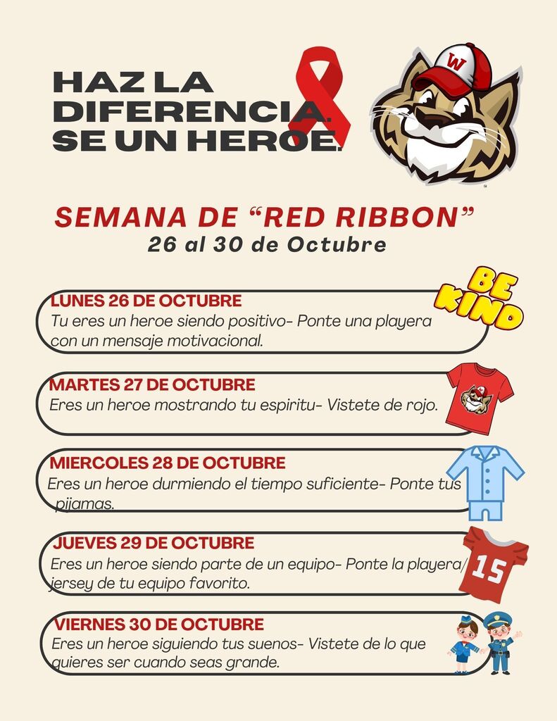 Folleto de la Semana de Red Ribbon, del 26 al 30 de octubre, con temas diarios de vestimenta: Lunes (Playera motivacional), Martes (Vístete de rojo), Miércoles (Pijamas), Jueves (Playera/Jersey de tu equipo) y Viernes (Vestirse como tu trabajo futuro).