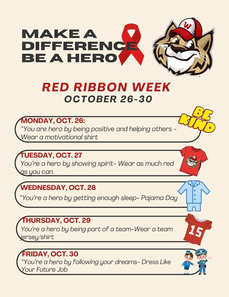 Red Ribbon Week flyer, October 26–30, with daily dress-up themes: Monday (Motivational Shirt), Tuesday (Wear Red), Wednesday (Pajama Day), Thursday (Team Jersey/Shirt), and Friday (Future Job Dress-Up).