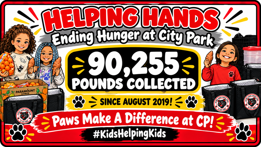 Graphic celebrating the "HELPING HANDS Ending Hunger at City Park" food drive achievement, prominently featuring the number "90,255 POUNDS COLLECTED" in large white text on a black center banner with yellow borders. Below the total weight, text reads "SINCE AUGUST 2019!" flanked by black paw prints, followed by a red banner stating "Paws Make A Difference at CP!" and the hashtag "#KidsHelpingKids". The illustration surrounding the text shows smiling elementary students holding fresh produce—including bags of oranges and sweet potatoes—next to stacked crates, a citrus box, and insulated black tote bags featuring the City Park panther logo.