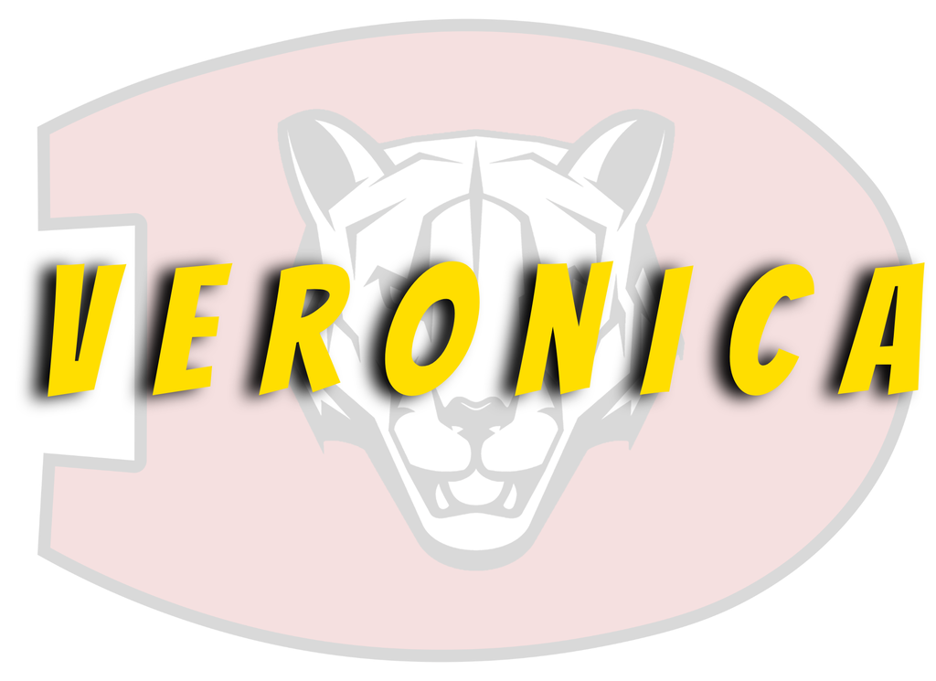 Faint background of logo with red D with a black and white cougar head in the center with the name Veronica in yellow across it.