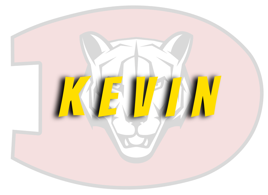 Faint background of logo with red D with a black and white cougar head in the center with the name Kevin in yellow across it.
