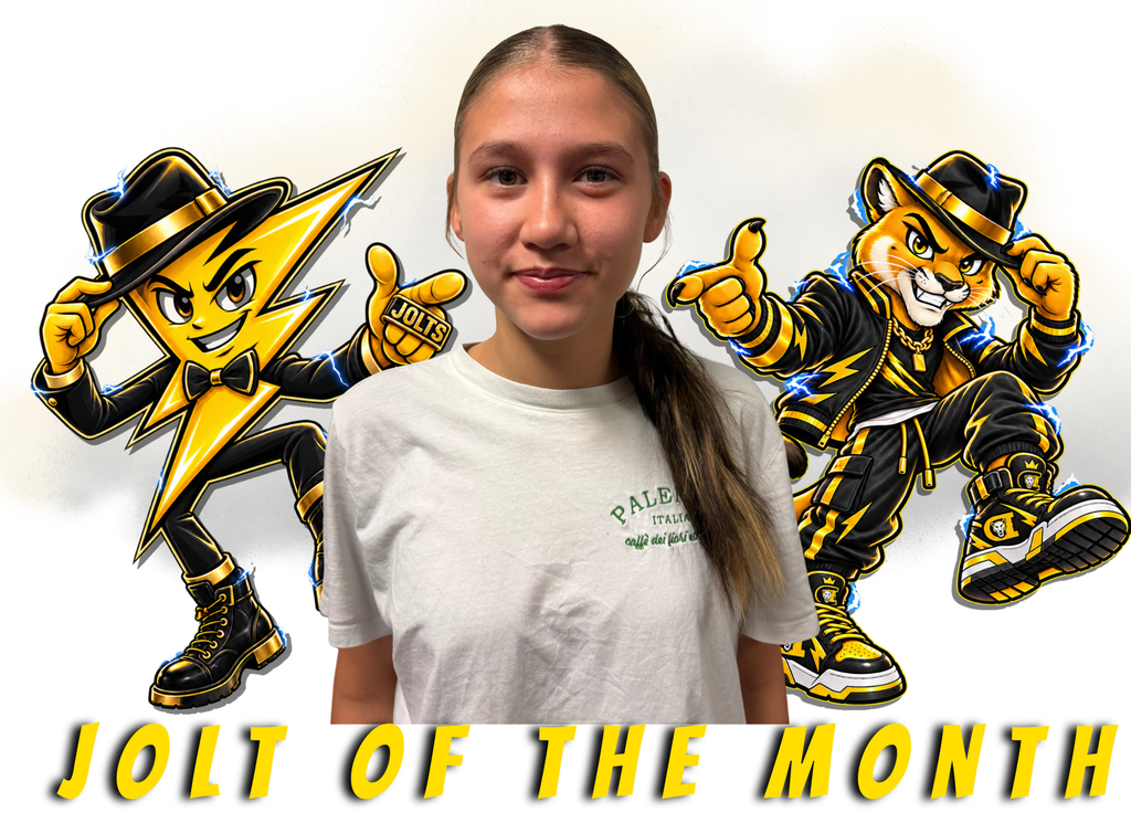 A cartoon-style lightning bolt character and a cartoon cougar, both dressed in black and yellow outfits with hats, pose dynamically against a white background. The lightning bolt character is on the left, and the cougar is on the right. A student's photo is in the center with the words "Jolt of the Month" written in yellow across the bottom of the screen.