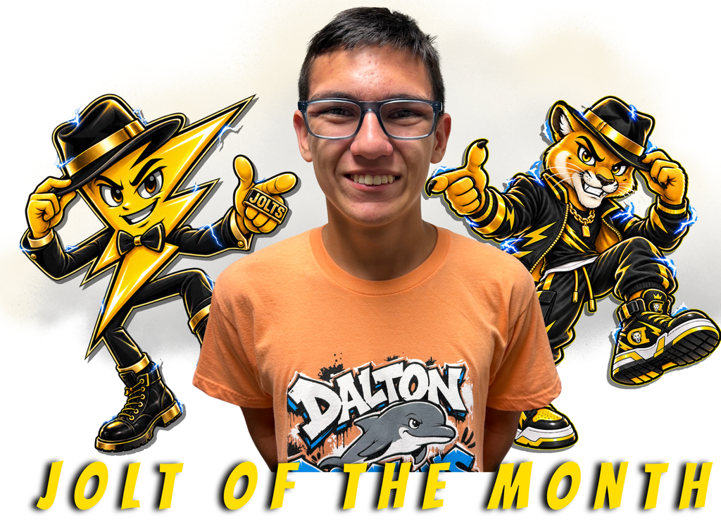 A cartoon-style lightning bolt character and a cartoon cougar, both dressed in black and yellow outfits with hats, pose dynamically against a white background. The lightning bolt character is on the left, and the cougar is on the right. A student's photo is in the center with the words "Jolt of the Month" written in yellow across the bottom of the screen.