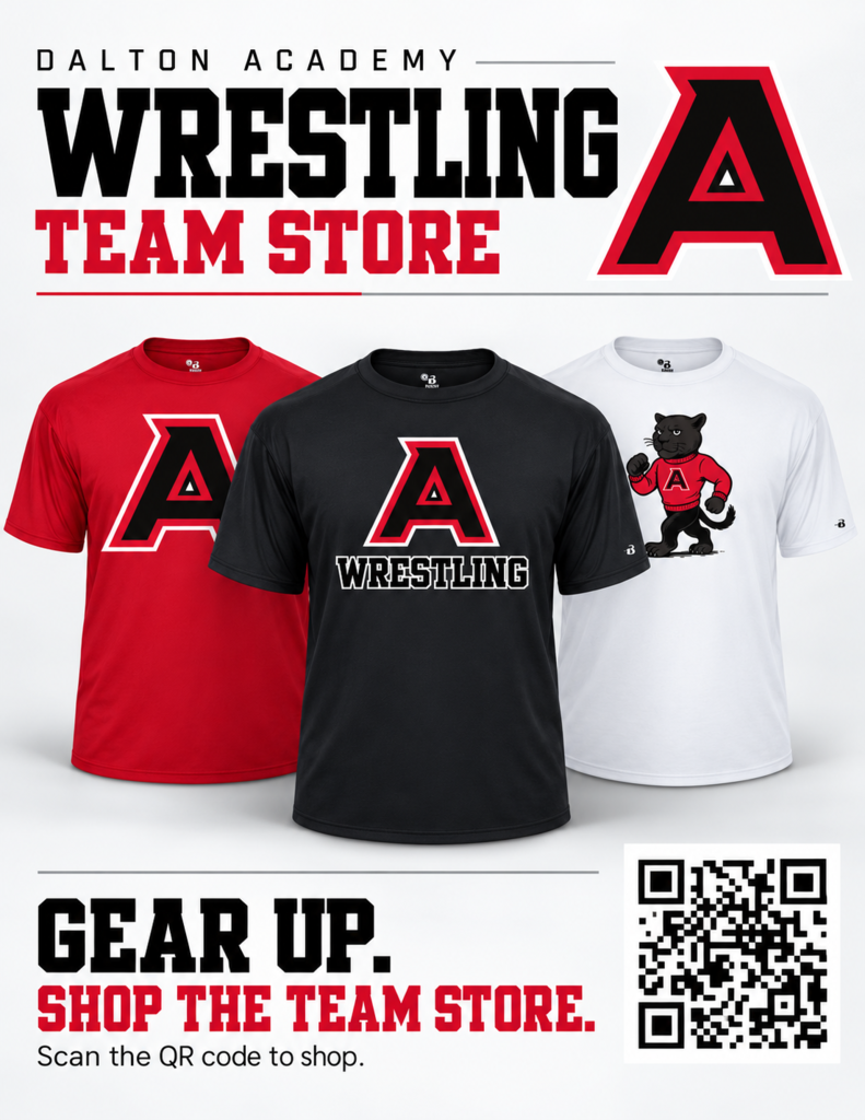 Promotional flyer for the "Dalton Academy Wrestling Team Store" featuring red, black, and white short-sleeve performance t-shirts displaying the school's block "A" logo and black puma mascot. Includes a QR code to scan and shop.