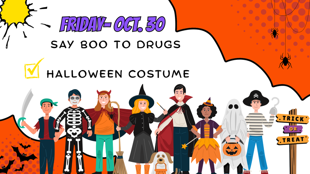 Red Ribbon Week dress-up day graphic for Friday, October 30. The theme is "Say Boo to Drugs." Students and staff are encouraged to wear a Halloween costume. The image features a variety of costume characters including a pirate, skeleton, witch, vampire, ghost, and other Halloween-themed outfits on an orange and black festive background with bats and spiders.