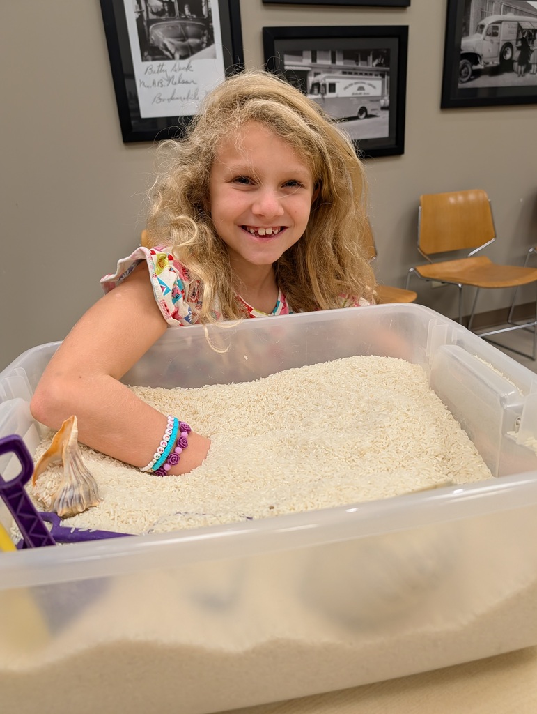 A smiling young girl with curly blonde hair leans over a clear plastic bin filled with white rice, with one arm submerged in the grains. Framed black-and-white historical photographs hang on the beige wall behind her.
