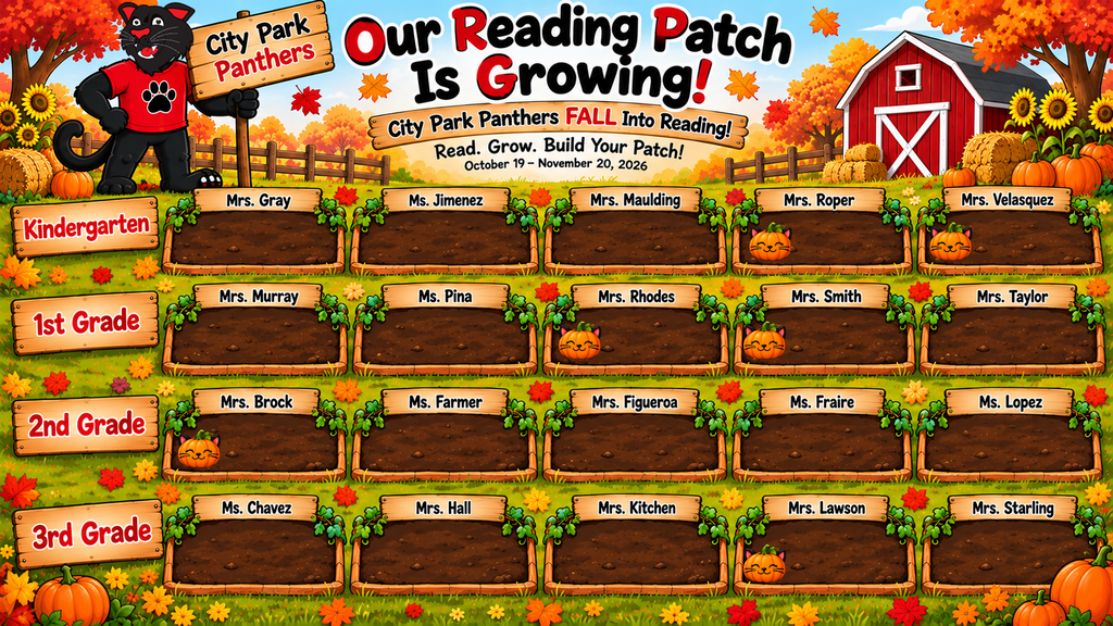 An autumn-themed digital tracking chart titled "Our Reading Patch Is Growing! City Park Panthers FALL Into Reading! Read. Grow. Build Your Patch! October 19 – November 20, 2026." In the upper left corner, a friendly black panther mascot in a red shirt holds a wooden sign reading "City Park Panthers" against a backdrop of a pumpkin patch and a wooden fence. In the upper right corner stands a classic red barn surrounded by hay bales, sunflowers, and pumpkins under an autumn tree. The main area displays a grid organized by grade level rows on the left—Kindergarten, 1st Grade, 2nd Grade, and 3rd Grade—with each row containing individual soil patch plots labeled with teachers' names: Kindergarten: Mrs. Gray, Ms. Jimenez, Mrs. Maulding, Mrs. Roper (1 small cat-faced pumpkin), Mrs. Velasquez (1 small cat-faced pumpkin) 1st Grade: Mrs. Murray, Ms. Pina, Mrs. Rhodes (1 small cat-faced pumpkin), Mrs. Smith (1 small cat-faced pumpkin), Mrs. Taylor 2nd Grade: Mrs. Brock (1 small cat-faced pumpkin), Ms. Farmer, Mrs. Figueroa, Ms. Fraire, Ms. Lopez 3rd Grade: Ms. Chavez, Mrs. Hall, Mrs. Kitchen, Mrs. Lawson (1 small cat-faced pumpkin), Mrs. Starling