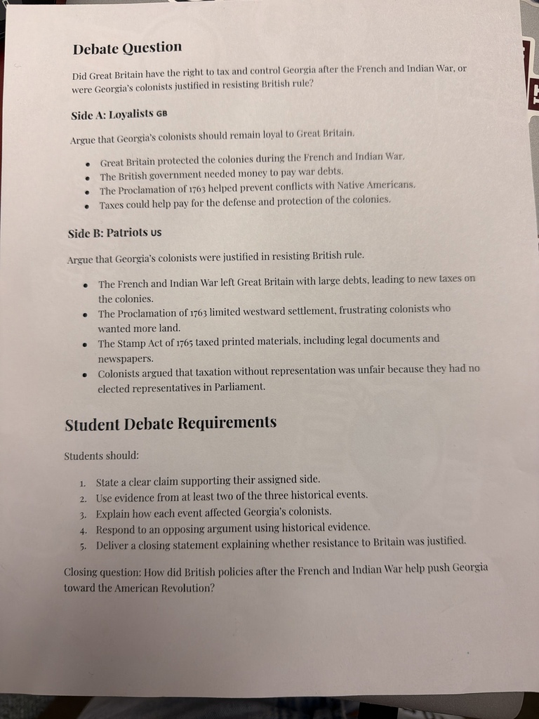 A classroom handout titled "Debate Question" detailing arguments and requirements for Loyalists versus Patriots regarding British rule in Georgia.