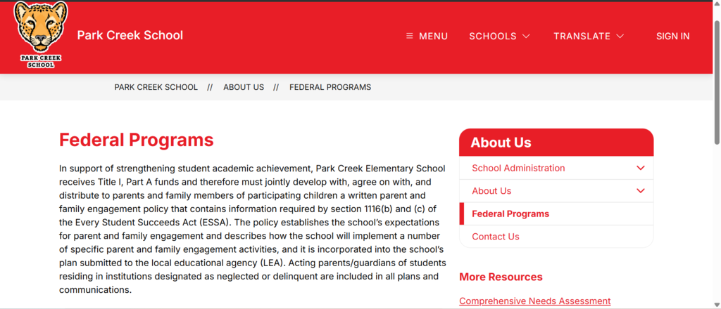 A screenshot of the Park Creek School website showing the "Federal Programs" page under the breadcrumb path "PARK CREEK SCHOOL // ABOUT US // FEDERAL PROGRAMS". The red header bar features the Park Creek School cheetah mascot logo, title, and navigation links ("MENU", "SCHOOLS", "TRANSLATE", "SIGN IN"). Below the red heading "Federal Programs", an explanatory paragraph details how the school receives Title I, Part A funds under the Every Student Succeeds Act (ESSA) and establishes parent and family engagement policies. To the right is an "About Us" sidebar menu highlighting School Administration, About Us, Federal Programs, Contact Us, and a "More Resources" link for Comprehensive Needs Assessment.
