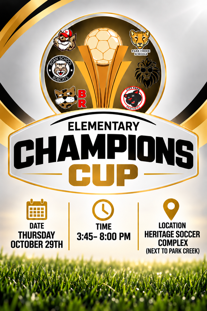 Event flyer for the Elementary Champions Cup soccer tournament on Thursday, October 29th at Heritage Soccer Complex.   Long Alt Text: A sports announcement flyer titled "ELEMENTARY CHAMPIONS CUP" framed with gold trim over a grass soccer pitch background. A large gold trophy topped with a soccer ball is surrounded by local school mascot emblems, including Park Creek Schools Cheetahs, Roan School Bobcats, City Park Panthers, and others. Event logistics at the bottom are organized in three columns with icons:   DATE: THURSDAY OCTOBER 29TH   TIME: 3:45– 8:00 PM   LOCATION: HERITAGE SOCCER COMPLEX (NEXT TO PARK CREEK) 
