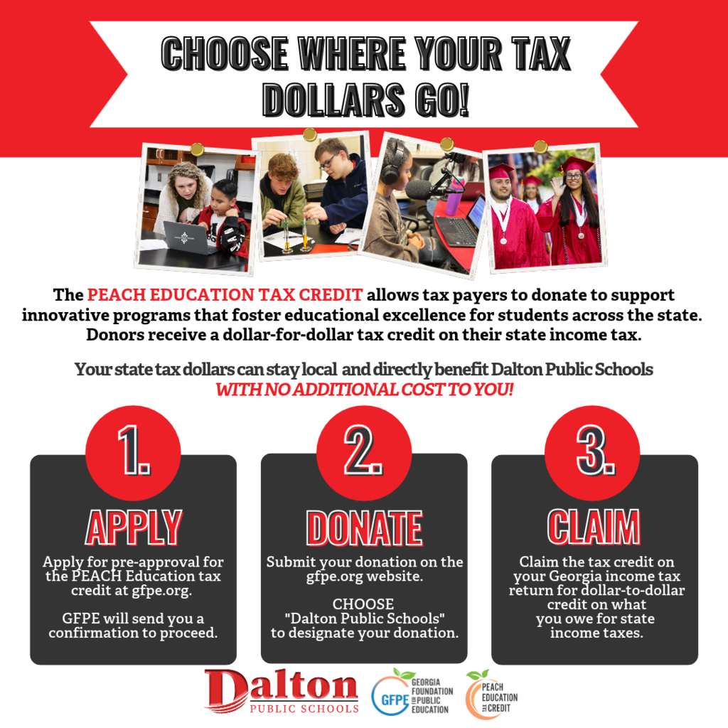 PEACH TAX CREDIT PROGRAM: Looking to support education and save on taxes? Learn how you can benefit from the Peach Tax Credit program with Dalton Public Schools! Visit https://www.daltonpublicschools.com/page/peach-education-tax-credit for more details!