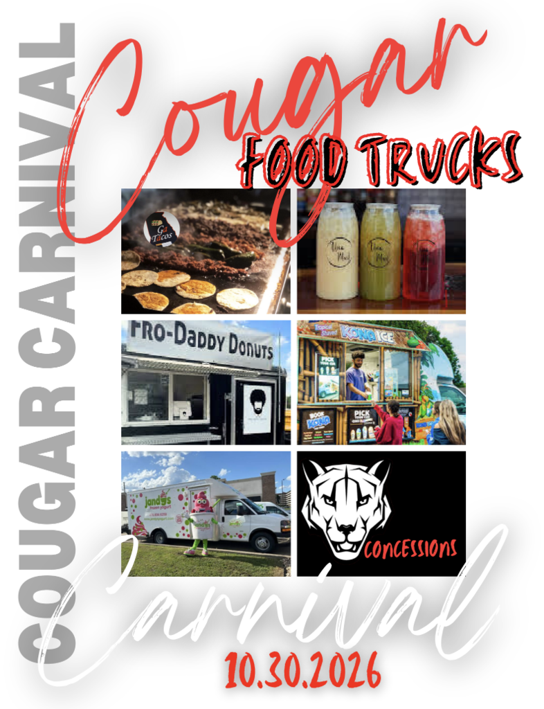 Promotional flyer titled "Cougar Carnival Food Trucks" dated 10.30.2026, displaying a photo collage of featured vendors including Ga Tacos, specialized beverages, Fro-Daddy Donuts, Kona Ice, Jand’s frozen yogurt truck, and general concessions.