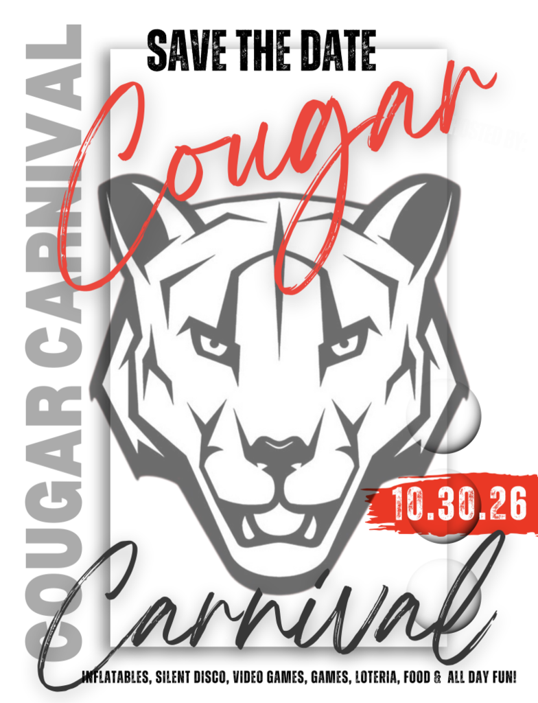 "Save the Date" flyer for Cougar Carnival on 10.30.26 featuring a cougar mascot graphic and listing scheduled activities: inflatables, silent disco, video games, games, loteria, food, and all-day fun.