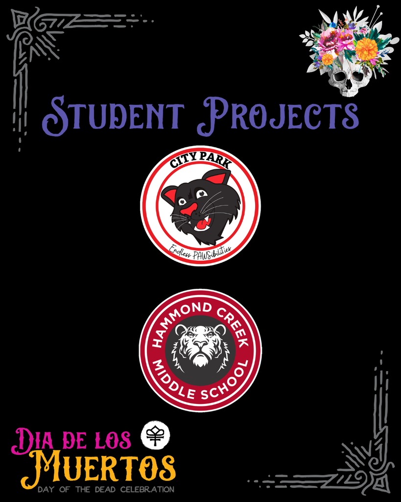 Black promotional flyer for the Creative Arts Guild’s Día de los Muertos (Day of the Dead) Celebration on Friday, October 30, from 6:00–10:00 PM at the Creative Arts Guild’s Spigel Pavilion, 520 W. Waugh Street, Dalton. The flyer features colorful pink and golden-yellow lettering, decorative gray borders, and a white sugar skull adorned with vibrant flowers. The free, family-friendly event includes art, music, food, performances, and more. Free shuttle service is available from First Baptist Church.