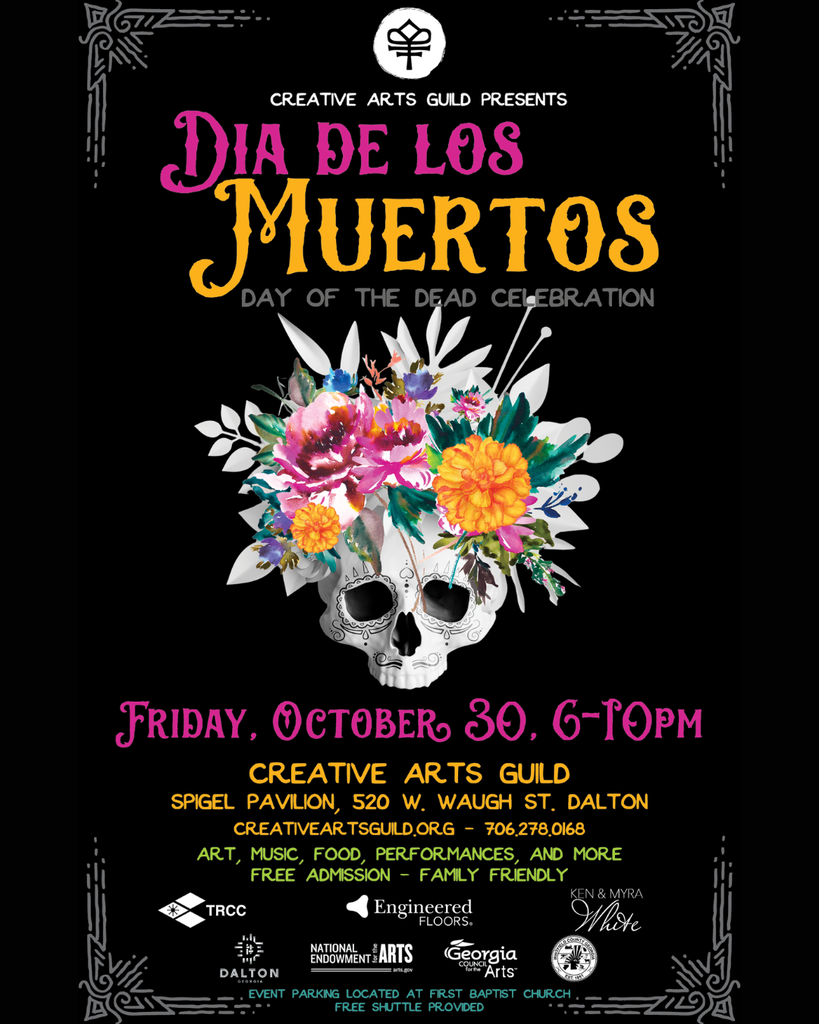 Black flyer featuring the words “Student Projects” in large purple lettering, with decorative gray borders and a colorful floral sugar skull in the upper-right corner. The City Park Elementary School Panther logo and Hammond Creek Middle School Tiger logo are displayed prominently in the center, highlighting student participation in the Creative Arts Guild’s Día de los Muertos celebration. The event logo appears in bright pink and yellow at the bottom of the flyer.
