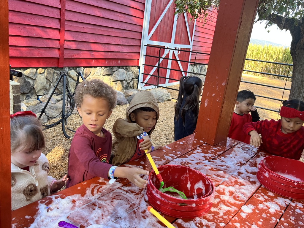 preK students enjoying a bubble station at the pumpkin farm