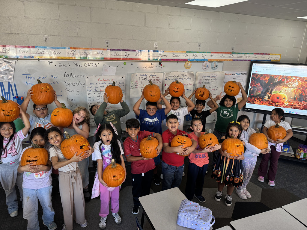 class photo of students holding their individually carved pumpkins