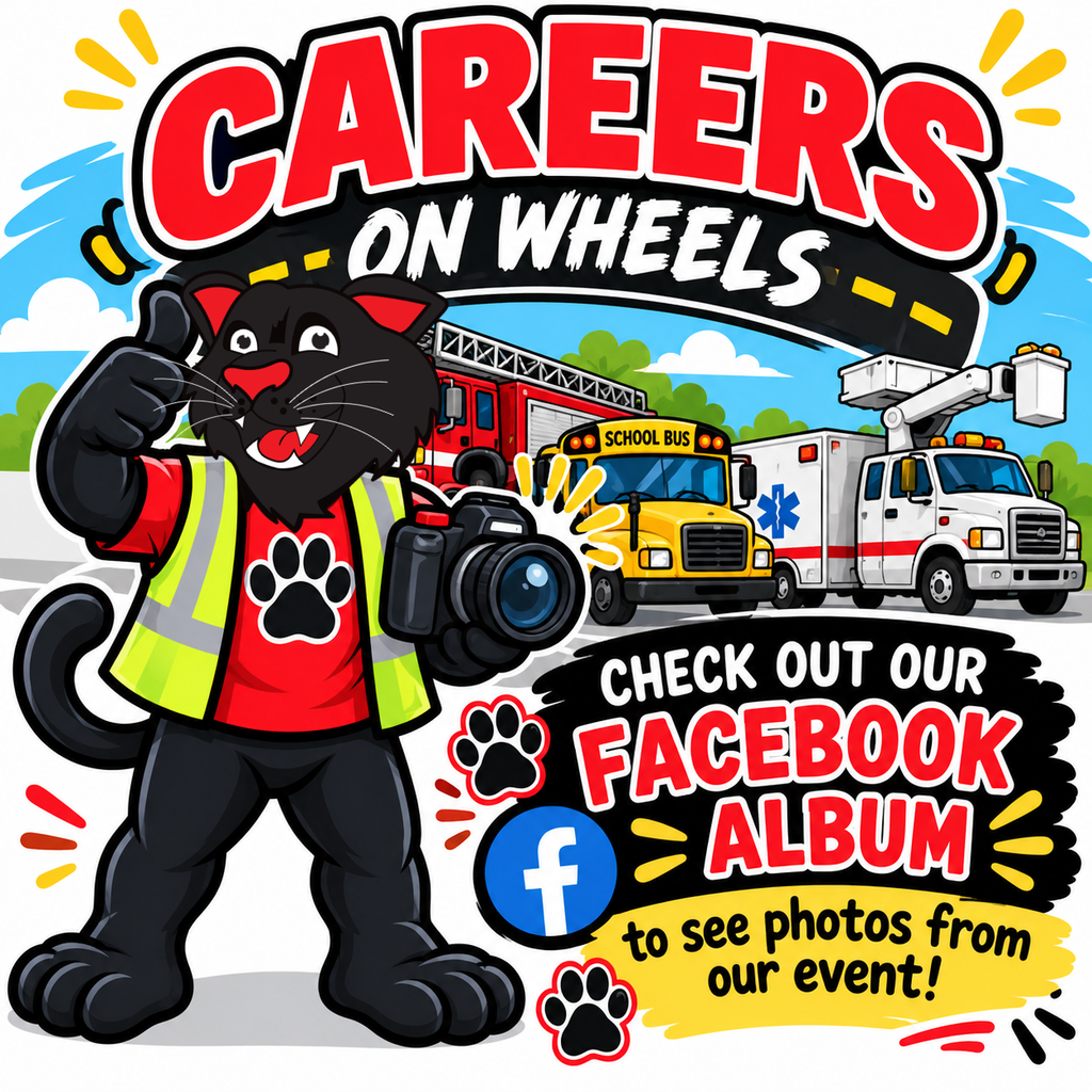 Colorful City Park Elementary Careers on Wheels graphic featuring a headless black panther mascot wearing a red paw-print shirt and bright yellow safety vest, holding a camera and giving a thumbs-up. A fire truck, yellow school bus, ambulance, and utility truck appear in the background. Bold red, black, and white lettering reads “Careers on Wheels” and “Check Out Our Facebook Album to See Photos from Our Event!” Decorative paw prints and colorful accents complete the design.