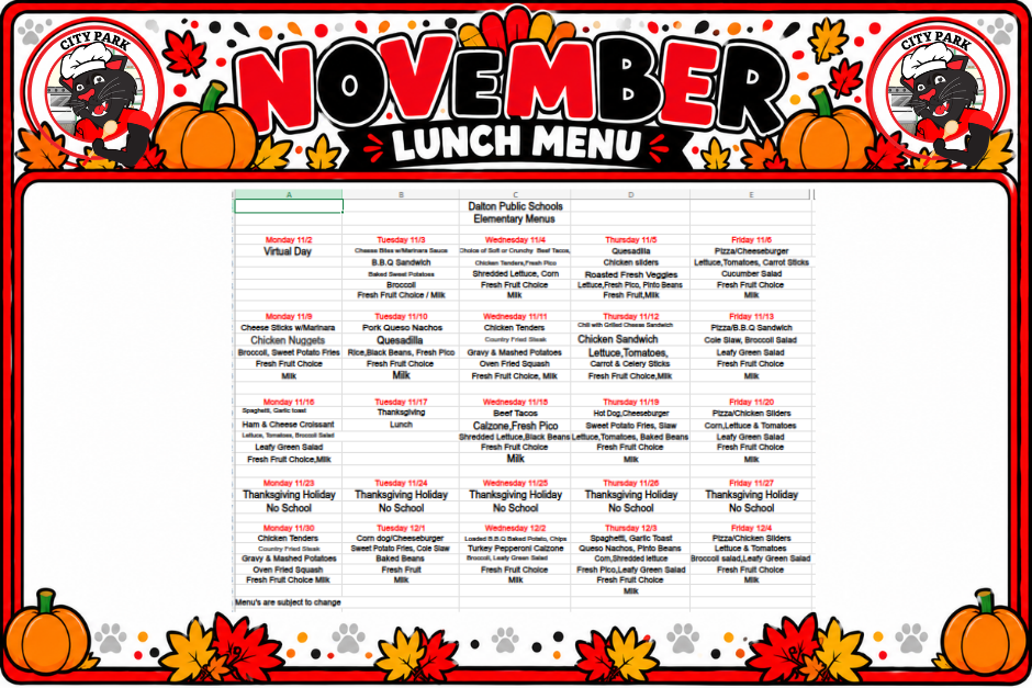 graphic of november lunch menu for DPS Elementary schools