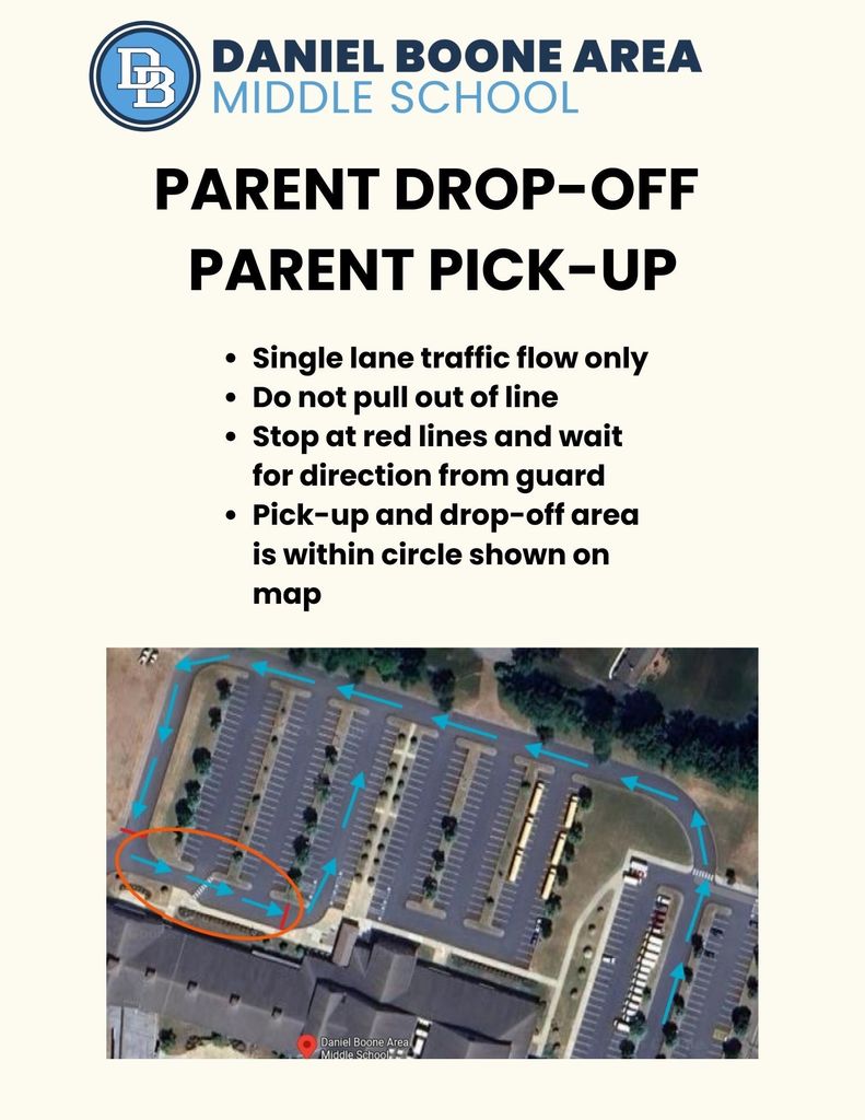 Daniel Boone Area Middle School Parent Drop-Off Parent Pick-Up single lane traffic flow only, do not pull out of line, stop at red lines and wait for direction from guard, pick-up and drop-off area is within circle shown on map