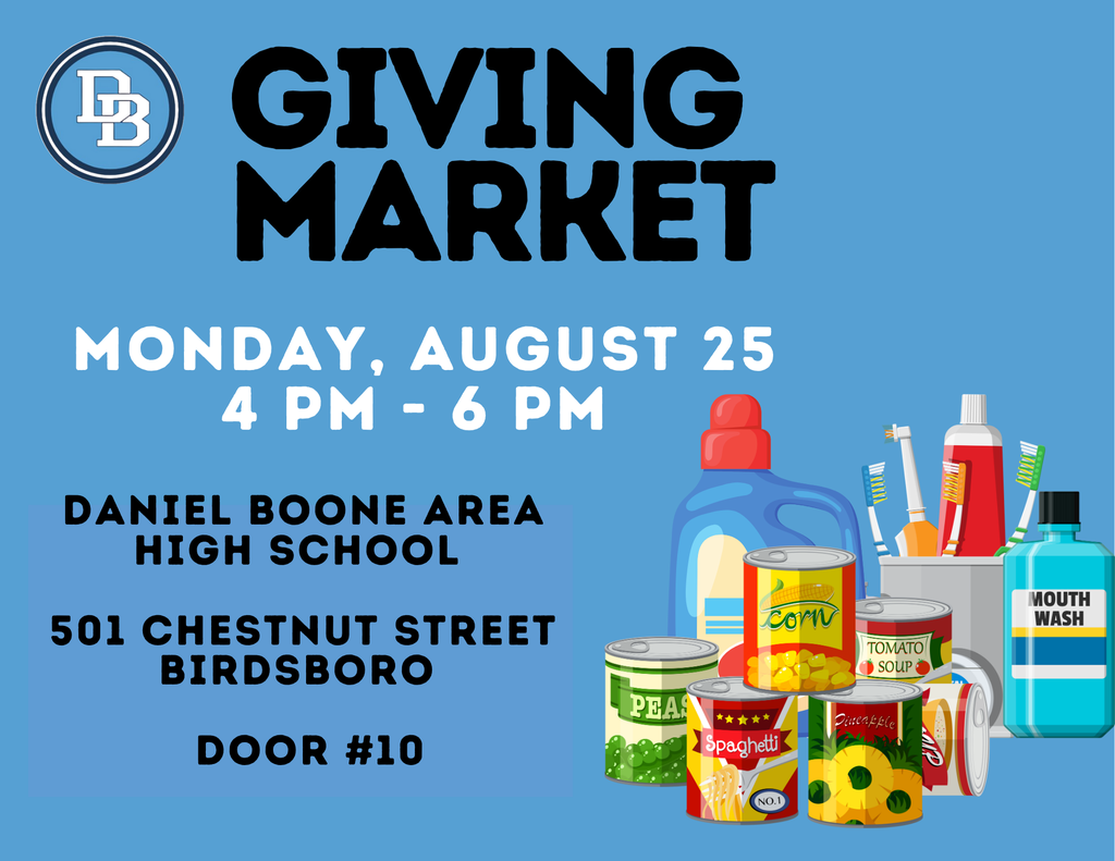 Giving Market, Monday, August 25 4 PM - 6 PM Daniel Boone Area High School, 501 Chestnut Street, Birdsboro, Door #10