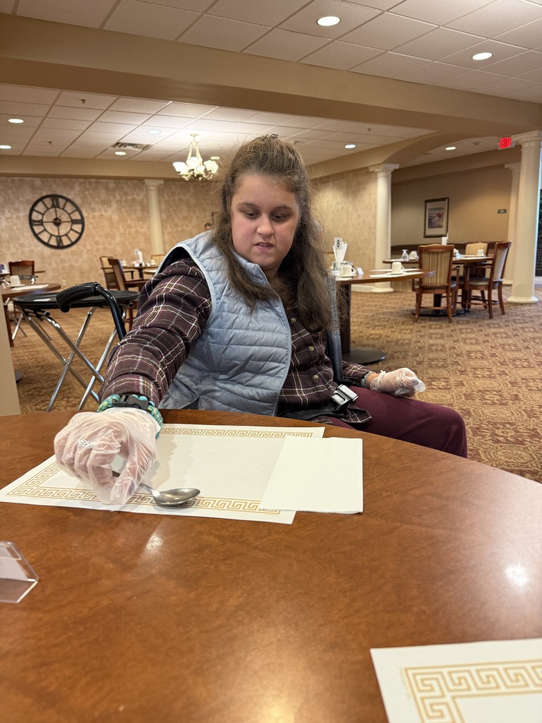 A student seated at a table carefully places a spoon on a placemat. She is wearing gloves, a plaid shirt, and a light blue vest. The dining room is spacious with wooden tables and soft lighting.