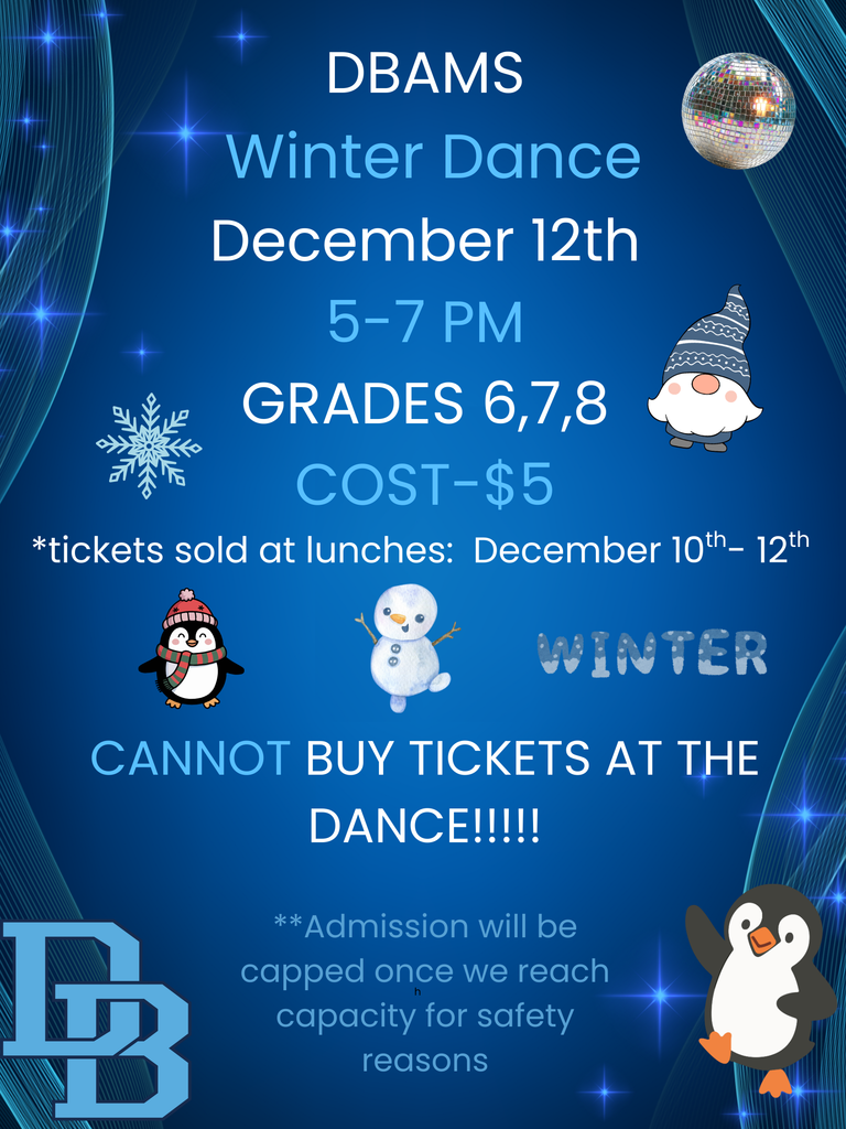 ❄️ Middle School Winter Dance ❄️ Students in grades 6–8 are invited to join us for a fun evening at the Middle School Winter Dance! 🗓 Friday, December 12 ⏰ 5:00–7:00 PM 📍 Middle School 🎟 Admission: $5 ✅ Tickets must be purchased in advance during lunches on: • December 10 • December 11 • December 12 Don’t miss out—grab your ticket and get ready for a night of music, friends, and winter fun! 🎶✨
