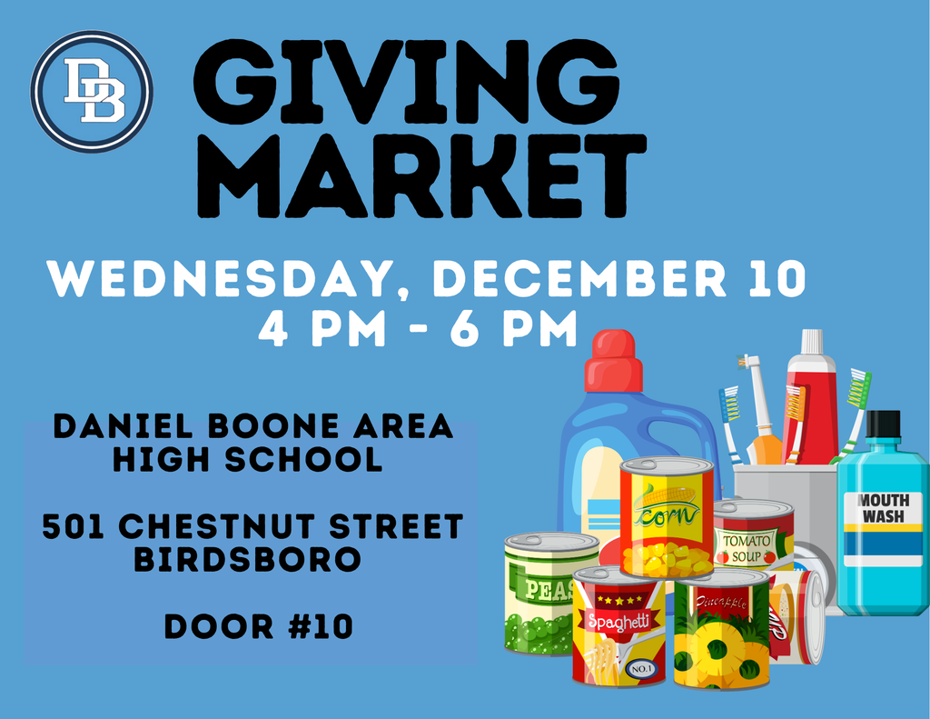 Giving Market, Wednesday, December 10 4 PM - 6 PM Daniel Boone Area High School, 501 Chestnut Street, Birdsboro, Door #10