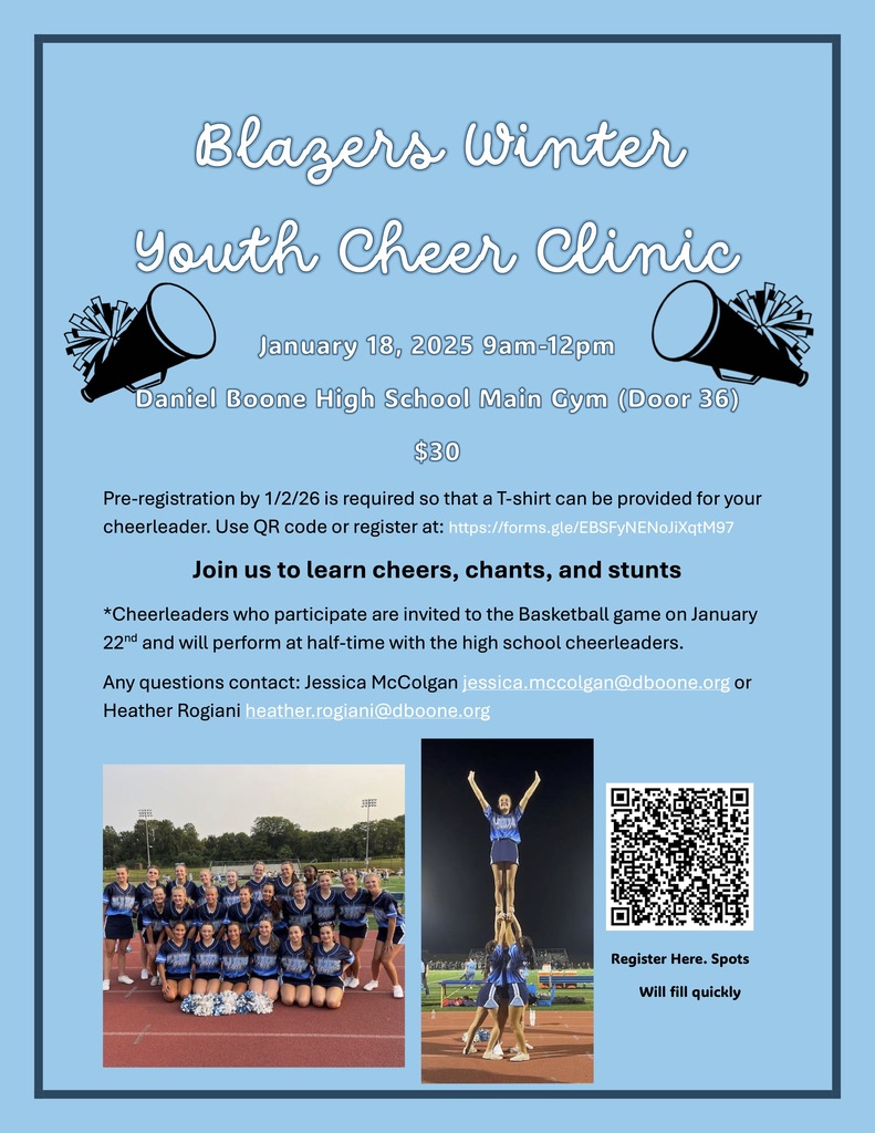 📣 Calling All Future Blazers! 💙  Join the DBAHS Cheerleaders for our Blazers Winter Youth Cheer Clinic on January 18, 2025 from 9 AM – 12 PM in the High School Main Gym (Door 36)!  🎀 Learn cheers, chants, and stunts 🎽 Includes a t-shirt for participants (must register by 1/2/26) 🏀 Perform at halftime of the January 22nd basketball game alongside the high school squad!  💲Cost: $30 📲 Register now: https://forms.gle/EBSFyNENoJiXqtM97 📧 Questions? Contact Jessica McColgan at jessica.mccolgan@dboone.org or Heather Rogiani at heather.rogiani@dboone.org  Spots will fill fast — don’t miss this chance to shine on the court! 🌟