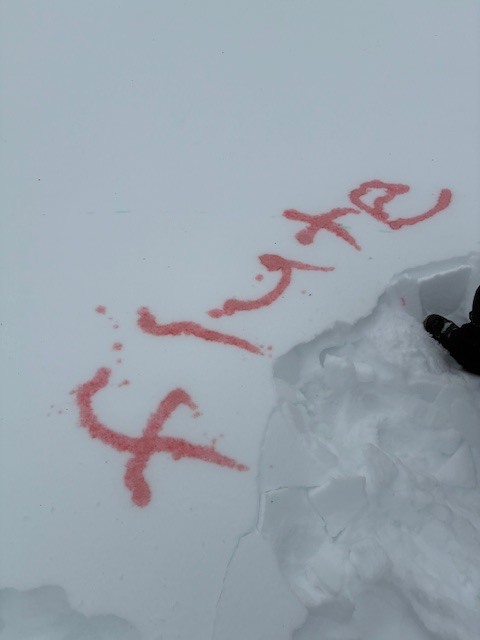 Flute spelled with colored water in snow