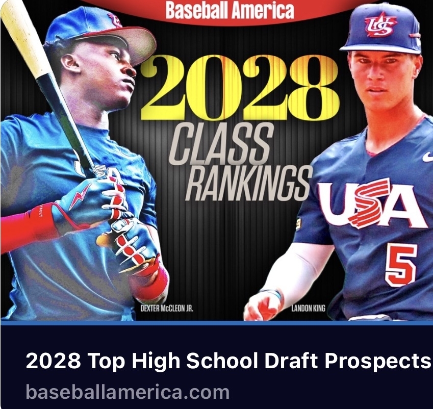 Baseball America.com 2028 Class Rankings - Top High School Draft Projects with a photo of Landon King and Dexter McCleon Jr.