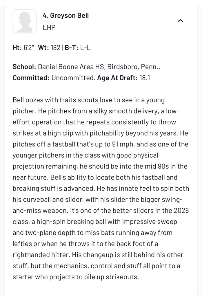 Greyson Bell write-up 4. Greyson Bell LHP Ht. 6'2" Wt: 182 B-T: L-L School: Daniel Boone Area High School, Birdsboro, Penn. Committed: Uncommitted Age at Draft: 18.1 Bell oozes with traits scouts love to see in a young pitcher. He pitches from a silky smooth delivery, a low-effort operation that he repeats consistently to throw strikes at a high clip with pitchability beyond his years. He pitches off a fastball thats up to 91 mph, and as one of the younger pitchers in the class with good physical projection remaining, he should be into the mid 90s in the near future. Bell's ability to locate both his fastball and breaking stuff is advanced. He has innate feel to spin both his curveball and slider, with his slider the bigger swing-and-miss weapon. It's one of the better sliders in the 2028 class, a high-spin breaking ball with impressive sweep and two-plane depth to miss bats running away from lefties or when he throws it to the back foot of a righthanded hitter. His changeup is still behind his other stuff, but the mechanics, control and stuff all point to a starter who projects to pile up strikeouts.