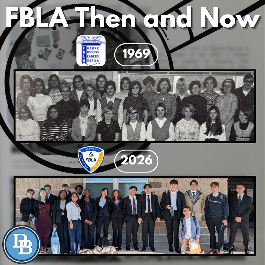 FBLA Then and Now 1969 - 2026 with photos of clubs from both years on a faded yearbook page background.