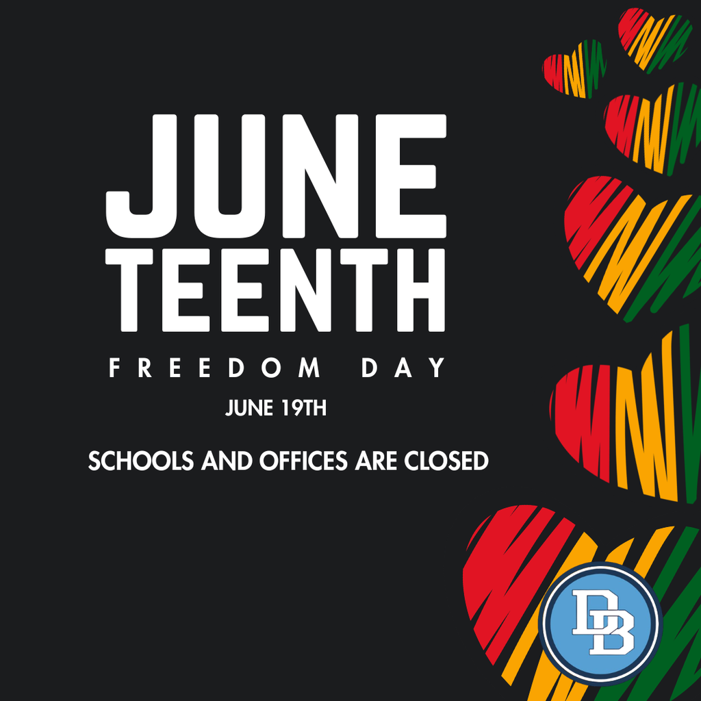 Black background with red, yellow and green hearts Juneteenth Freedom Day June 19th Schools and Offices are closed.