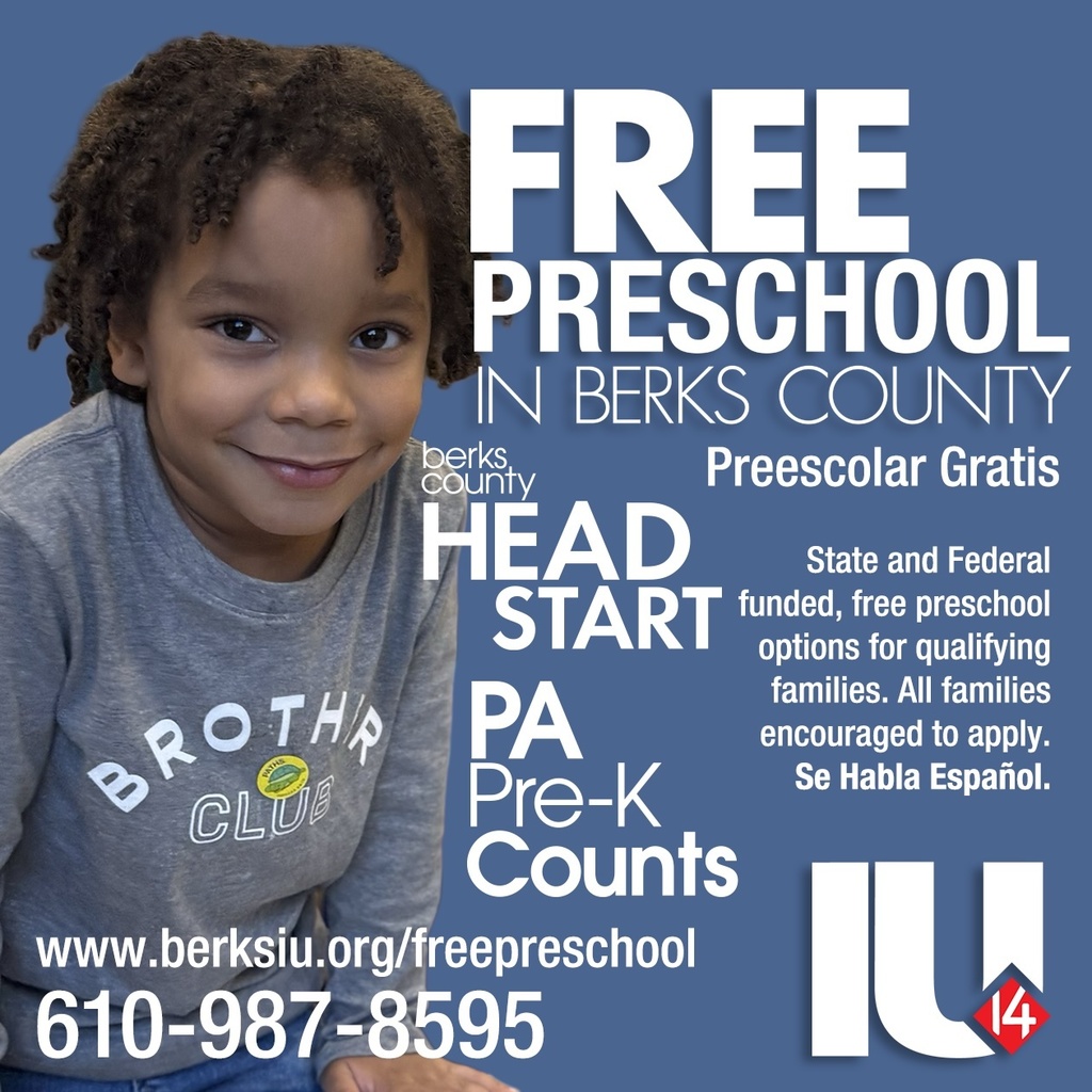 Picture of a young child on a flyer that reads " Free Preschool in Berks County Preescolar Gratis Berks County Head Start PA Pre-K Counts State and Federal funded, free preschool options for qualifying families. All families encouraged to apply Se Habla Espanol. www.berksiu.org/freepreschool 610-987-8595