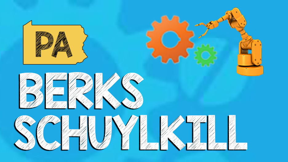 Blue background with robotic machine and gears, PA in yellow shape of Pennsylvania and BERKS SCHUYLKILL