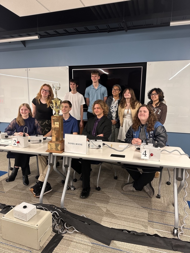 Daniel Boone Area High School Academic Challenge Team with their advisor, Kelly Jones, and their first place trophy from today's Academic Challenge match.